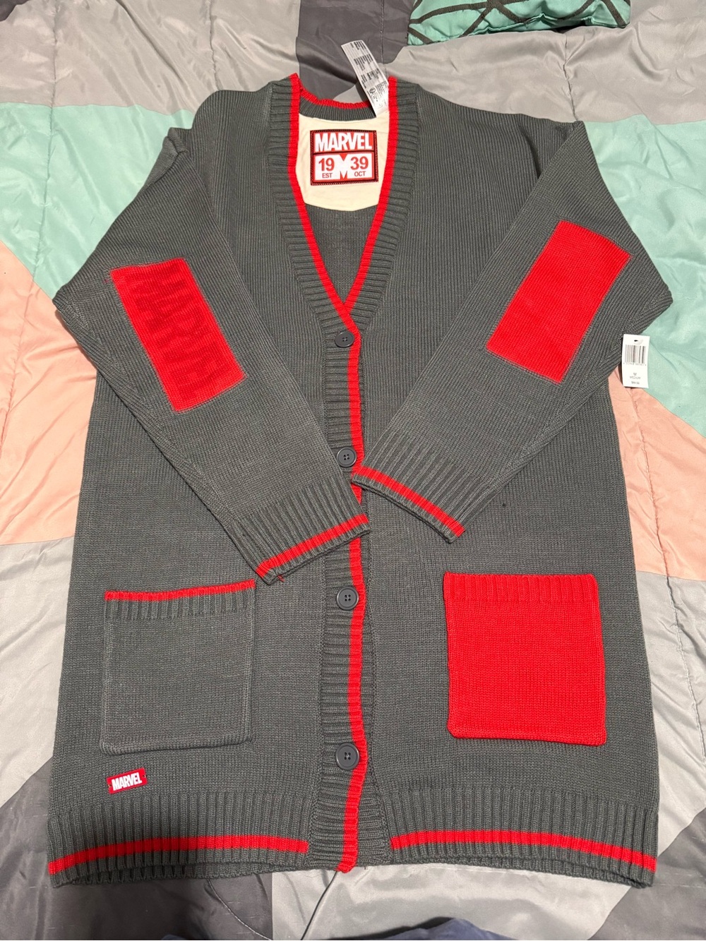 MARVEL Men's Gray Cardigan with Red Trim & Patches